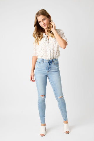 Judy Blue Mid Rise Tummy Control Destroy Skinny Denim Jeans 88797