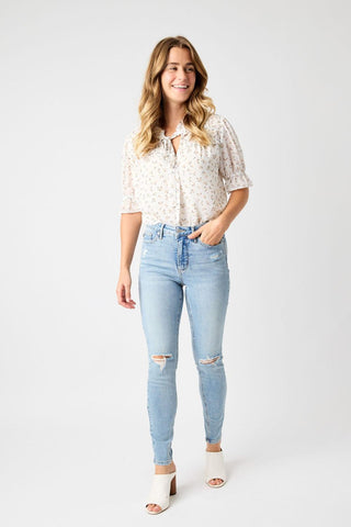 Judy Blue Mid Rise Tummy Control Destroy Skinny Denim Jeans 88797