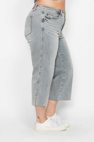 Judy Blue Mid Rise Tummy Control Raw Hem Wide Leg Crop Denim Jeans 88903