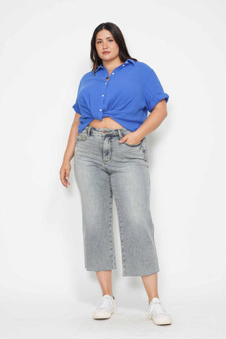 Judy Blue Mid Rise Tummy Control Raw Hem Wide Leg Crop Denim Jeans 88903