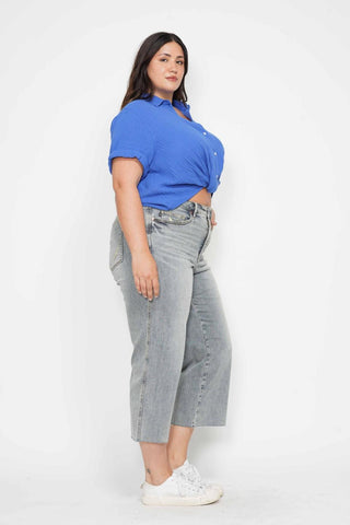 Judy Blue Mid Rise Tummy Control Raw Hem Wide Leg Crop Denim Jeans 88903