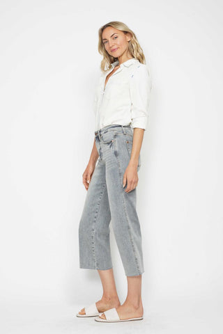 Judy Blue Mid Rise Tummy Control Raw Hem Wide Leg Crop Denim Jeans 88903