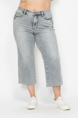 Judy Blue Mid Rise Tummy Control Raw Hem Wide Leg Crop Denim Jeans 88903