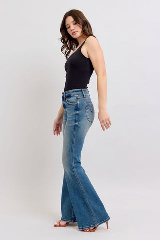Judy Blue Mid Rise Tummy Control Vintage Wash & Back Shield Pockets Flare Denim Jeans 88934