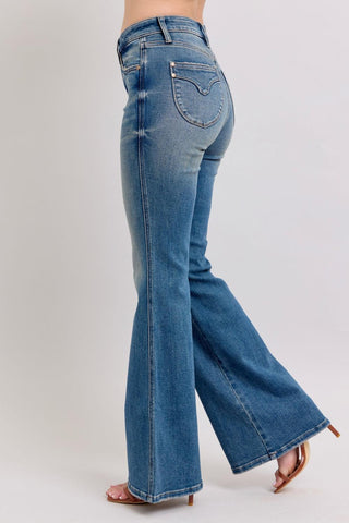 Judy Blue Mid Rise Tummy Control Vintage Wash & Back Shield Pockets Flare Denim Jeans 88934