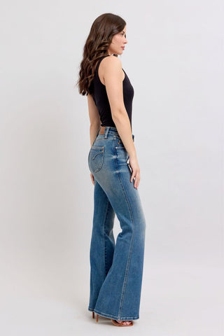Judy Blue Mid Rise Tummy Control Vintage Wash & Back Shield Pockets Flare Denim Jeans 88934