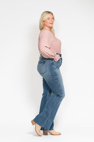 Judy Blue Mid Rise Tummy Control Vintage Wash Cut Hem Flare Denim Jeans 88472