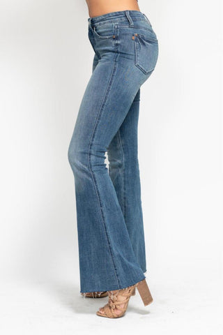 Judy Blue Mid Rise Tummy Control Vintage Wash Cut Hem Flare Denim Jeans 88472