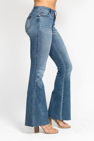 Judy Blue Mid Rise Tummy Control Vintage Wash Cut Hem Flare Denim Jeans 88472