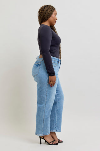 Judy Blue Mid Rise Tummy Control Vintage Wash Straight Denim Jeans 88943 - Petite