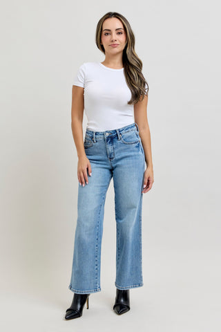Judy Blue Mid Rise Tummy Control Vintage Wash Straight Denim Jeans 88943 - Petite