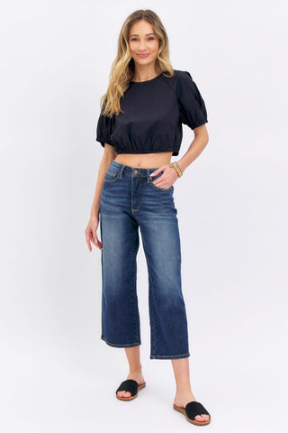 Judy Blue Mid Rise Tummy Control Wide Leg Crop Denim Jeans 88876