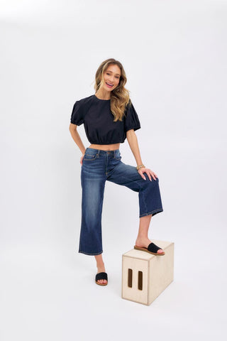 Judy Blue Mid Rise Tummy Control Wide Leg Crop Denim Jeans 88876