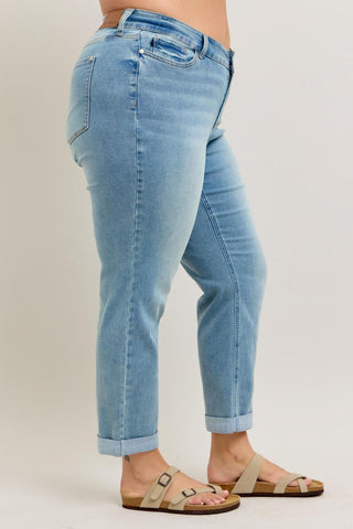 Judy Blue Mid Rise V Front Cuff Boyfriend Cool Denim Jeans 88938