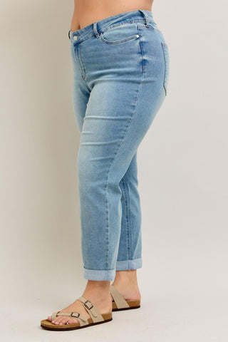 Judy Blue Mid Rise V Front Cuff Boyfriend Cool Denim Jeans 88938