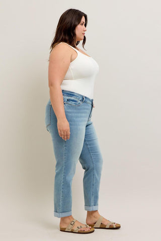 Judy Blue Mid Rise V Front Cuff Boyfriend Cool Denim Jeans 88938