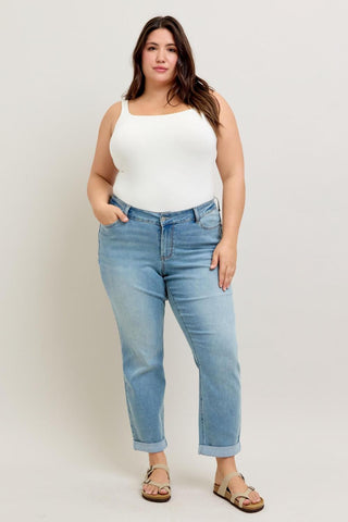 Judy Blue Mid Rise V Front Cuff Boyfriend Cool Denim Jeans 88938