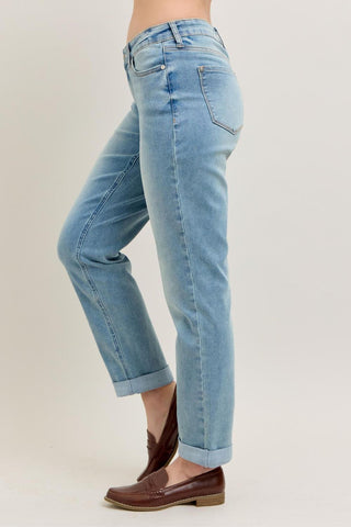 Judy Blue Mid Rise V Front Cuff Boyfriend Cool Denim Jeans 88938
