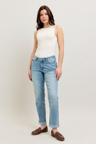 Judy Blue Mid Rise V Front Cuff Boyfriend Cool Denim Jeans 88938