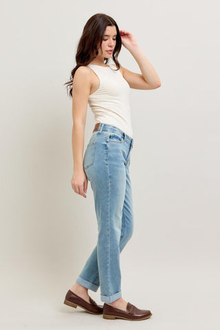 Judy Blue Mid Rise V Front Cuff Boyfriend Cool Denim Jeans 88938