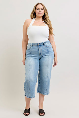 Judy Blue Mid Rise Vintage Pockets & Seam Detail Wide Leg Crop Denim Jeans 881076