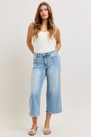 Judy Blue Mid Rise Vintage Pockets & Seam Detail Wide Leg Crop Denim Jeans 881076