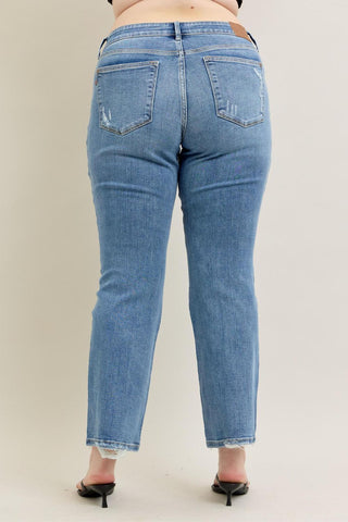 Judy Blue Mid Rise Vintage Wash Destroy Hem Bootcut Denim Jeans 82667