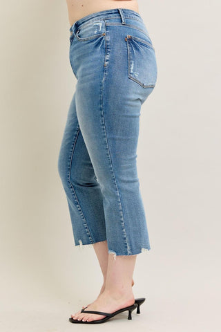 Judy Blue Mid Rise Vintage Wash Destroy Hem Kick Flare Denim Jeans 88979