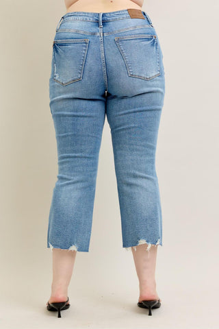 Judy Blue Mid Rise Vintage Wash Destroy Hem Kick Flare Denim Jeans 88979