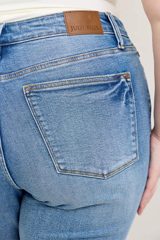 Judy Blue Mid Rise Vintage Wash Destroy Hem Kick Flare Denim Jeans 88979