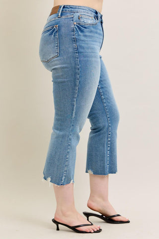 Judy Blue Mid Rise Vintage Wash Destroy Hem Kick Flare Denim Jeans 88979
