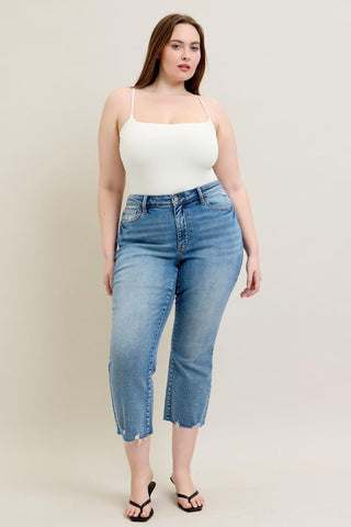 Judy Blue Mid Rise Vintage Wash Destroy Hem Kick Flare Denim Jeans 88979