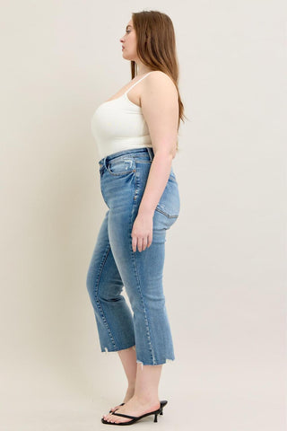 Judy Blue Mid Rise Vintage Wash Destroy Hem Kick Flare Denim Jeans 88979