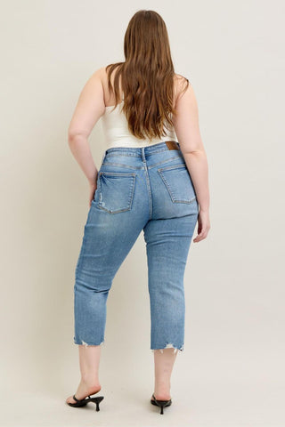 Judy Blue Mid Rise Vintage Wash Destroy Hem Kick Flare Denim Jeans 88979