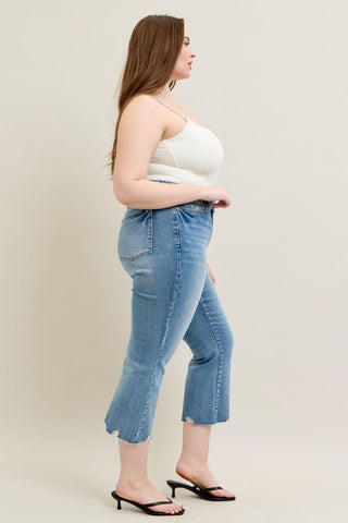 Judy Blue Mid Rise Vintage Wash Destroy Hem Kick Flare Denim Jeans 88979