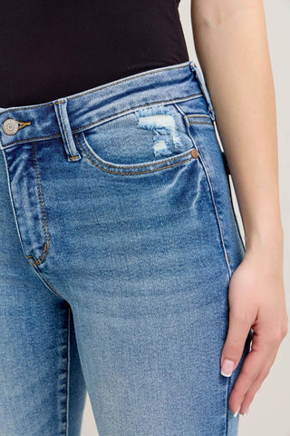 Judy Blue Mid Rise Vintage Wash Destroy Hem Kick Flare Denim Jeans 88979