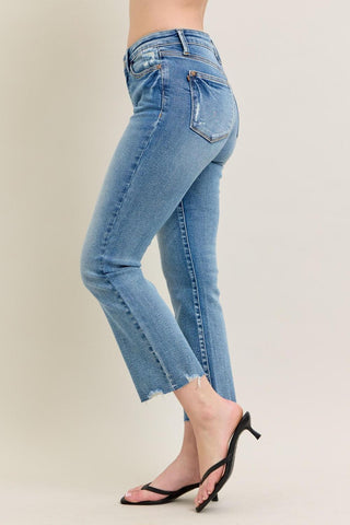Judy Blue Mid Rise Vintage Wash Destroy Hem Kick Flare Denim Jeans 88979