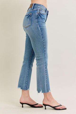 Judy Blue Mid Rise Vintage Wash Destroy Hem Kick Flare Denim Jeans 88979