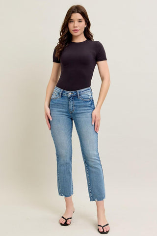 Judy Blue Mid Rise Vintage Wash Destroy Hem Kick Flare Denim Jeans 88979
