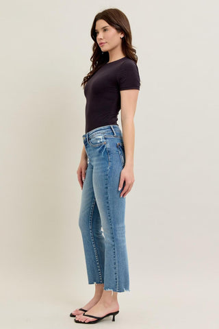 Judy Blue Mid Rise Vintage Wash Destroy Hem Kick Flare Denim Jeans 88979