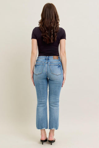 Judy Blue Mid Rise Vintage Wash Destroy Hem Kick Flare Denim Jeans 88979