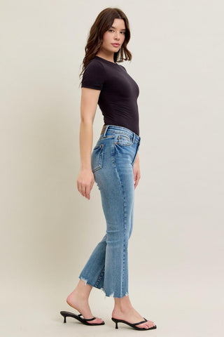 Judy Blue Mid Rise Vintage Wash Destroy Hem Kick Flare Denim Jeans 88979