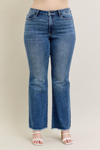 Judy Blue Mid Rise Vintage Wash Fray Hem Flare Denim Jeans 82670