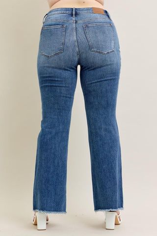 Judy Blue Mid Rise Vintage Wash Fray Hem Flare Denim Jeans 82670