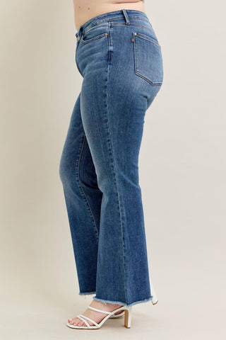Judy Blue Mid Rise Vintage Wash Fray Hem Flare Denim Jeans 82670