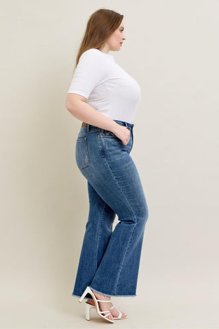 Judy Blue Mid Rise Vintage Wash Fray Hem Flare Denim Jeans 82670