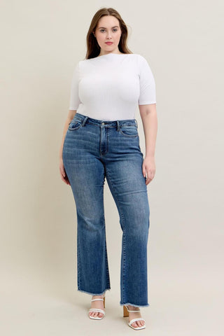 Judy Blue Mid Rise Vintage Wash Fray Hem Flare Denim Jeans 82670