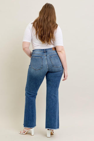 Judy Blue Mid Rise Vintage Wash Fray Hem Flare Denim Jeans 82670