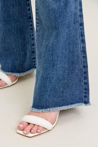 Judy Blue Mid Rise Vintage Wash Fray Hem Flare Denim Jeans 82670