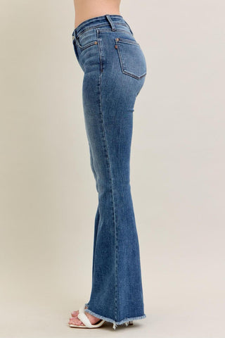 Judy Blue Mid Rise Vintage Wash Fray Hem Flare Denim Jeans 82670
